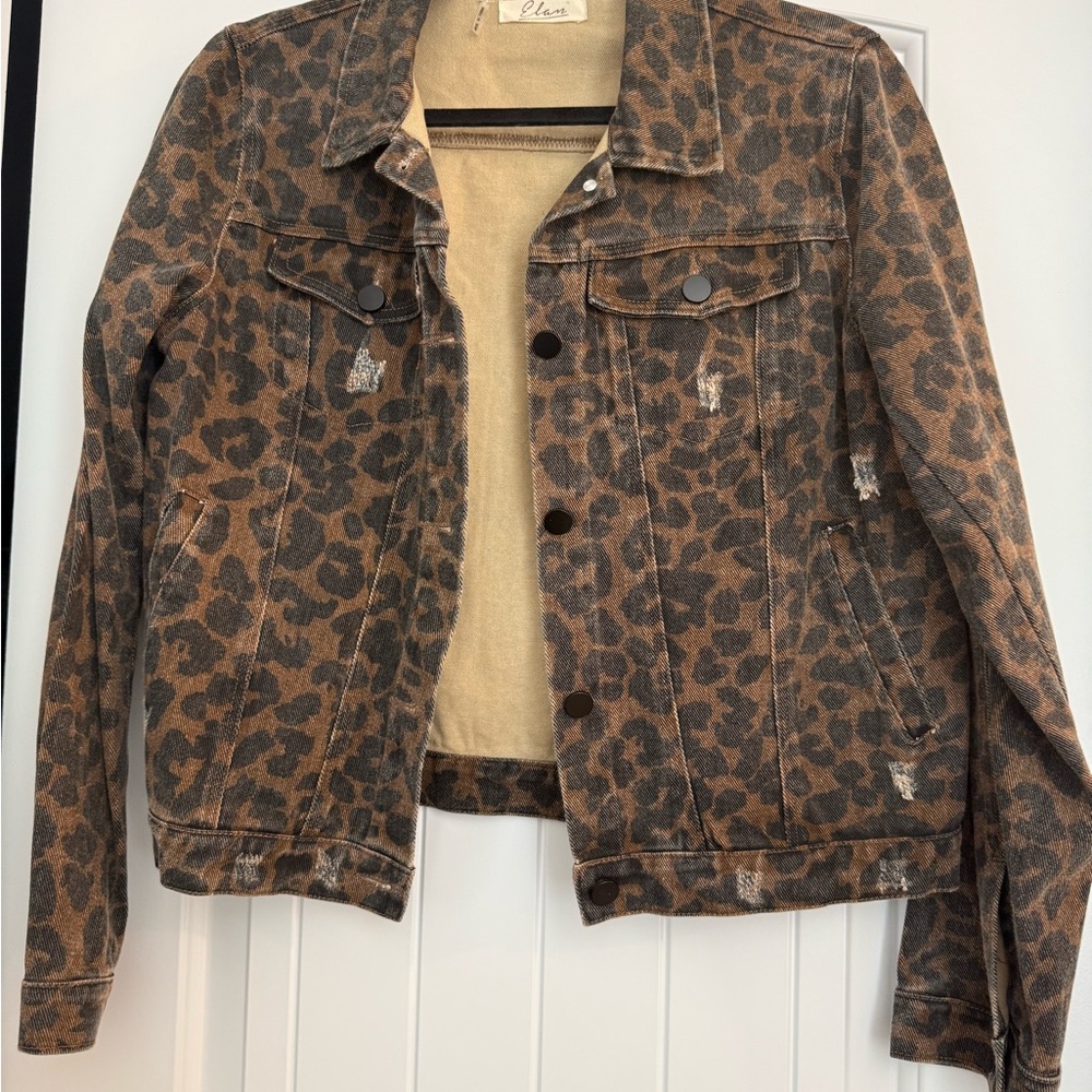 Elan Brown Leopard Print Jean Jacket